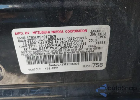 2014 Mitsubishi Outlander Es z USA, uszkodzony, nr VIN JA4AD2A33EZ006935